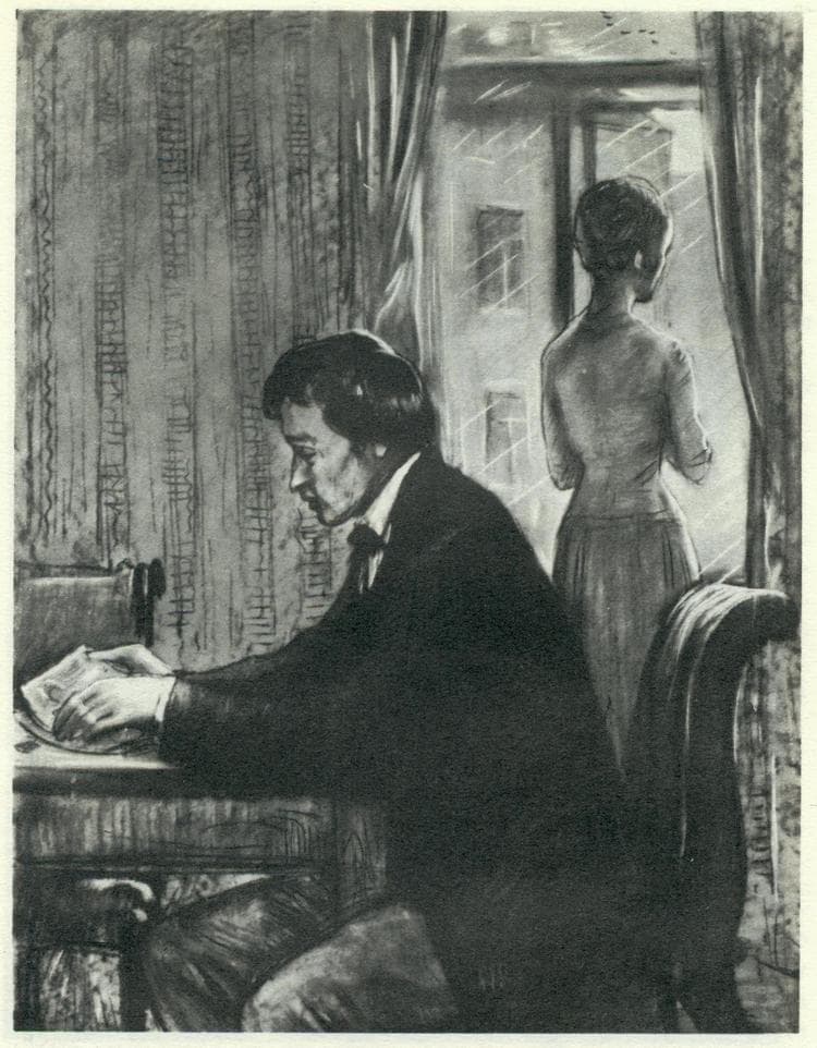 Illustratsioon istuvast mehest ja aknast välja vaatavast naisest